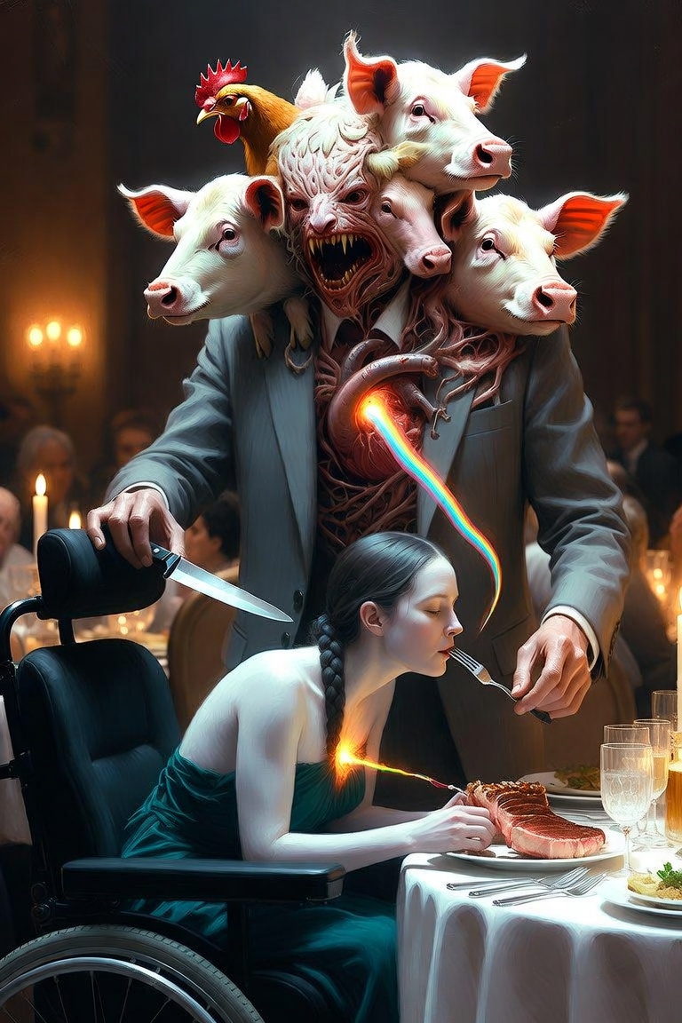 Diorama artwork: a suited figure with the heads of pigs and a chicken looms over Harriet Johnson in her wheelchair at a formal dinner, a rainbow thread linking them.