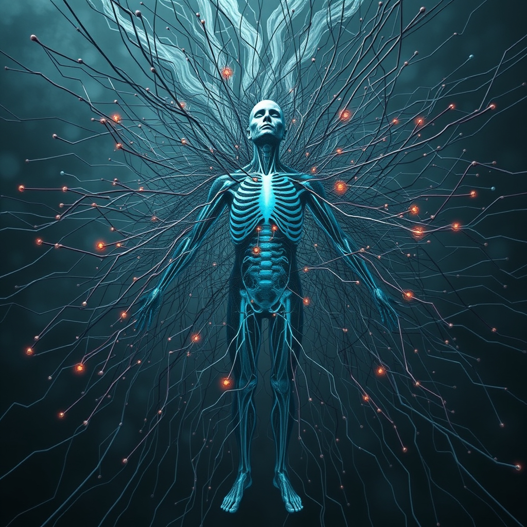 A human figure surrounded by internal and external sensory input